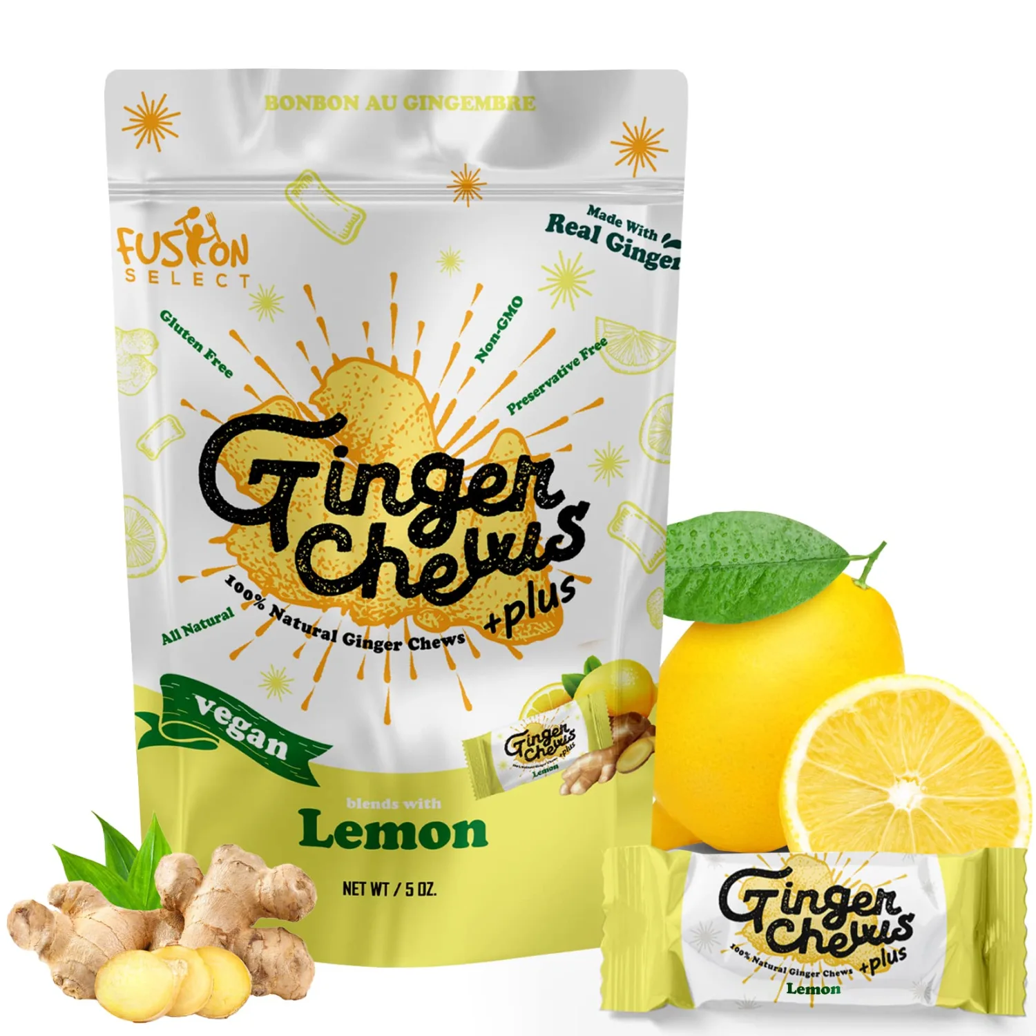 Fusion Select Ginger Chews - Sweet Soft Candied Delights From Indonesia - Promotes Relief From Morning Sickness, Upset Stomach - Made from Real Ginger Root, Non-GMO, Vegan Candy (Lemon)
