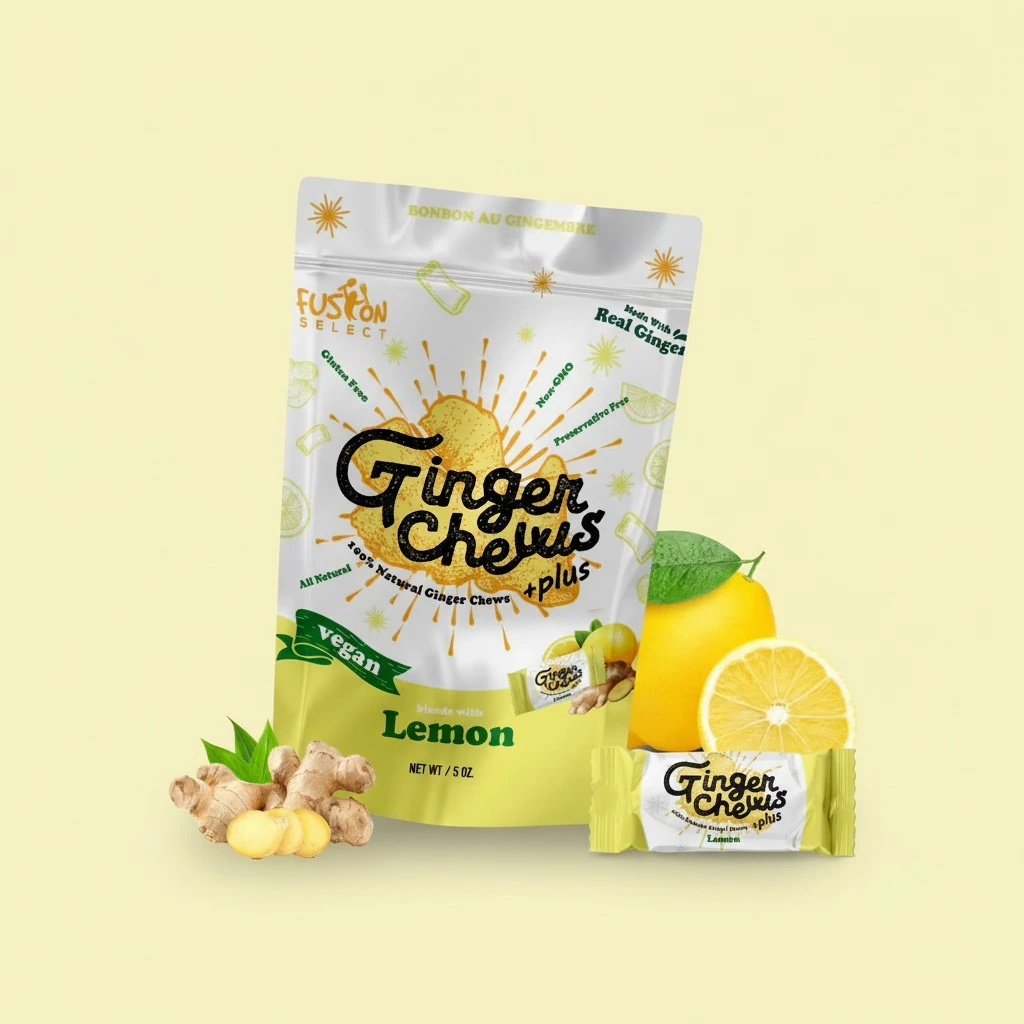 Fusion Select Ginger Chews - Sweet Soft Candied Delights From Indonesia - Promotes Relief From Morning Sickness, Upset Stomach - Made from Real Ginger Root, Non-GMO, Vegan Candy (Lemon)