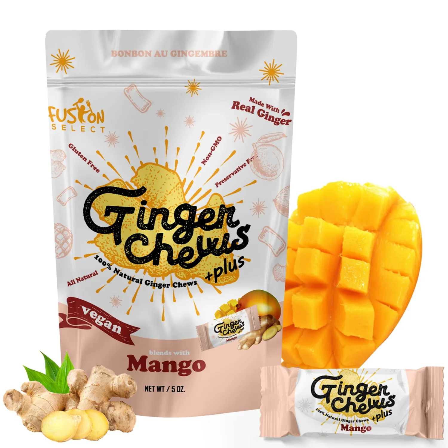 Fusion Select Mango Ginger Chews - Sweet Soft Candied Delights From Indonesia - Promotes Relief From Morning Sickness, Upset Stomach - Made from Real Ginger Root, Non-GMO, Vegan Candy