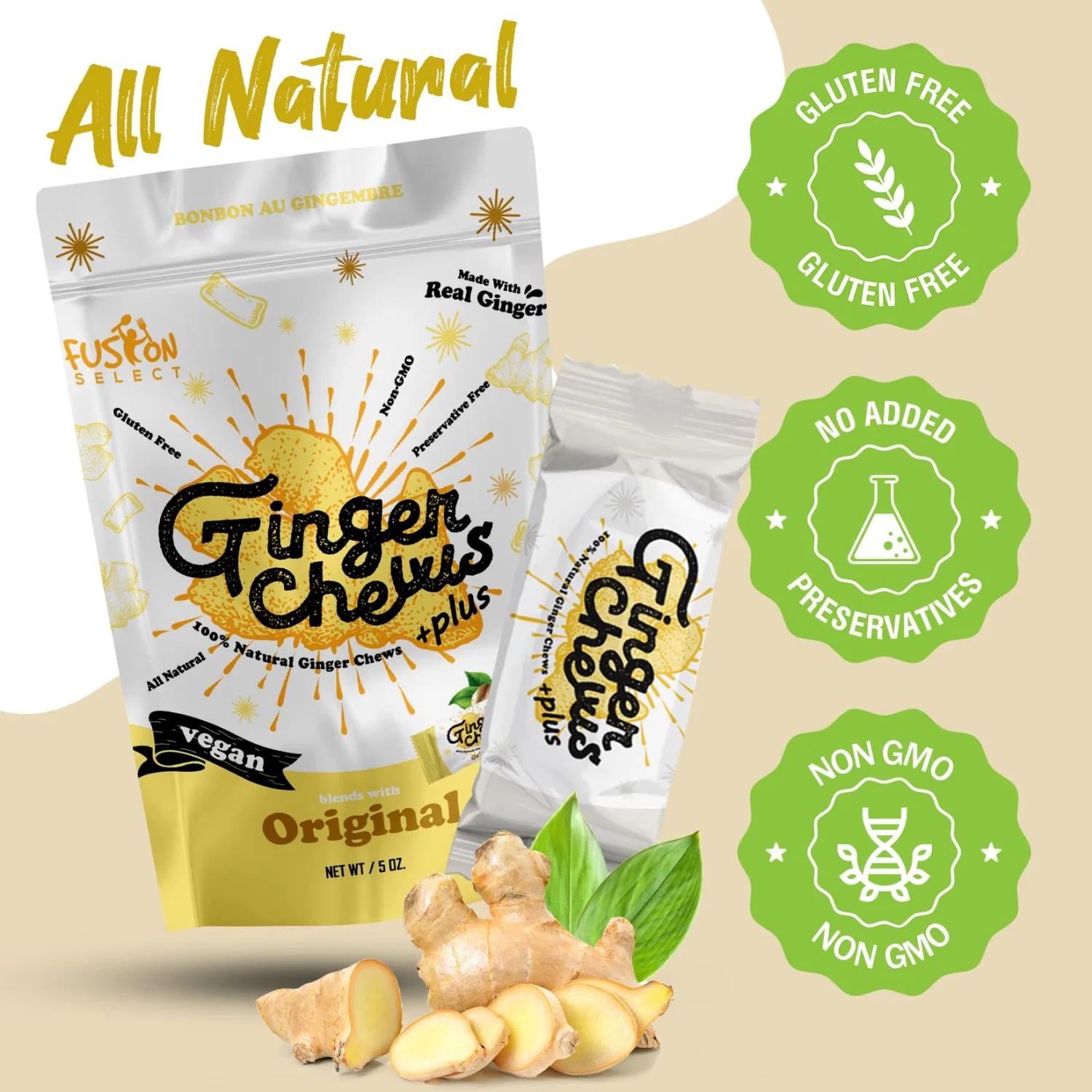 Fusion Select Mango Ginger Chews - Sweet Soft Candied Delights From Indonesia - Promotes Relief From Morning Sickness, Upset Stomach - Made from Real Ginger Root, Non-GMO, Vegan Candy