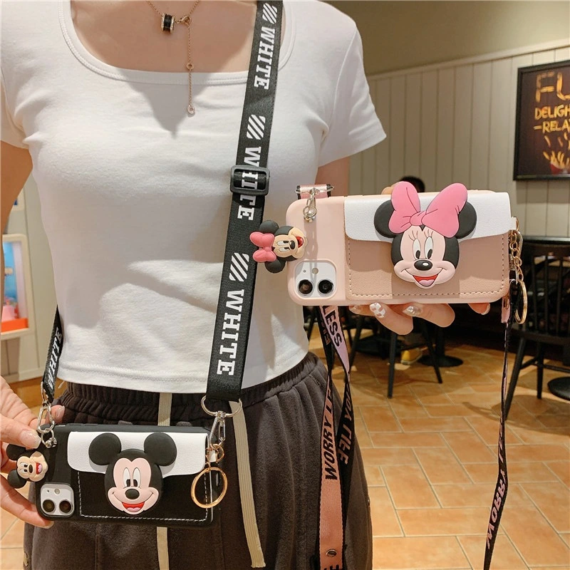 Foreign Trade Applicable 14pro Phone Case 13 Lying Card Holder Cartoon Crossbody Rope