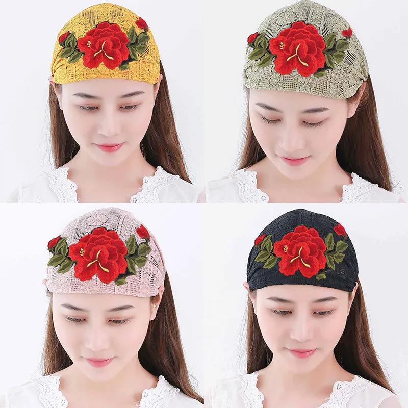 Embroidered Flowers Cover White Hair Wide-brimmed Headband For Ladies