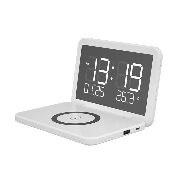 6 In 1 Flip Desktop Bedside Mobile Phone Wireless Charger Alarm Clock Temperature Digital Mirror Clock