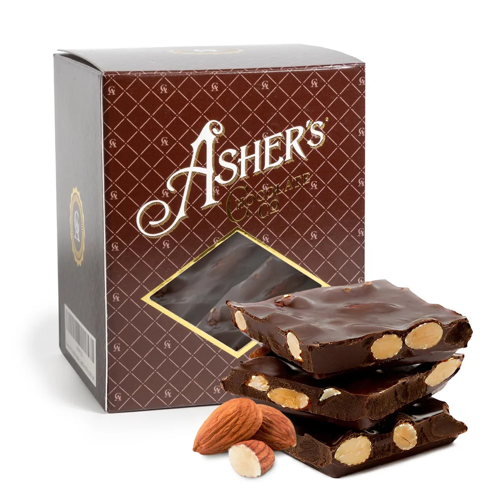 Asher's Chocolates, Gourmet Chocolate Covered Almond Bark, Sweet and Salty Chocolate and Almonds, Small Batches of Kosher Chocolate, Family Owned Since 1892 (1 Pound, Dark Chocolate)