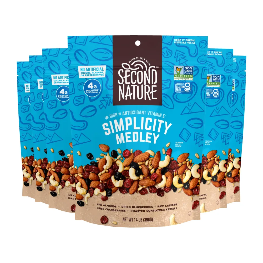 Second Nature Simplicity Medley Trail Mix - 14 oz Resealable Snack Pouches (Pack of 6), Certified Gluten-Free Snack - Dried Fruit and Nut Trail Mix, Ideal for Travel Snacks