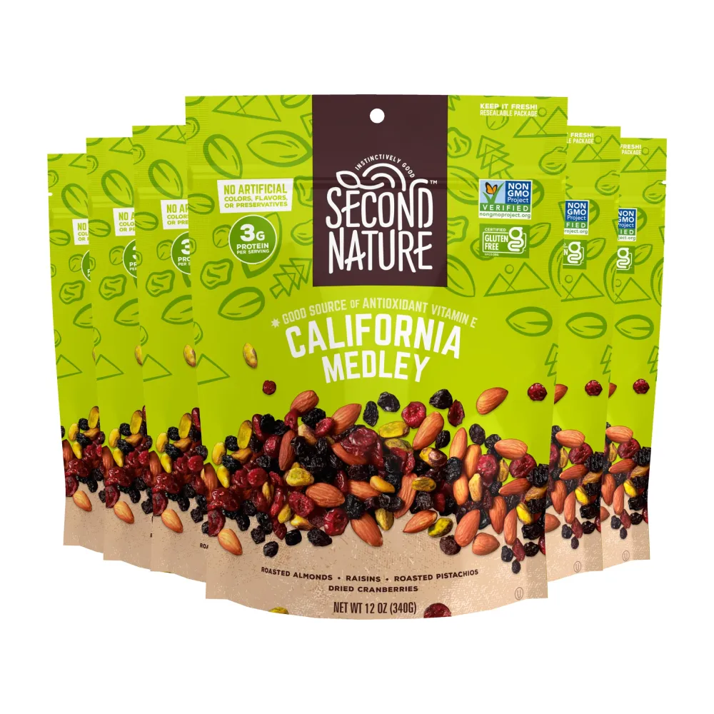 Second Nature California Medley Trail Mix - 12 oz Resealable Snack Pouches (Pack of 6) - Certified Gluten-Free Snack, Nut Trail Mix to Satisfy Hunger