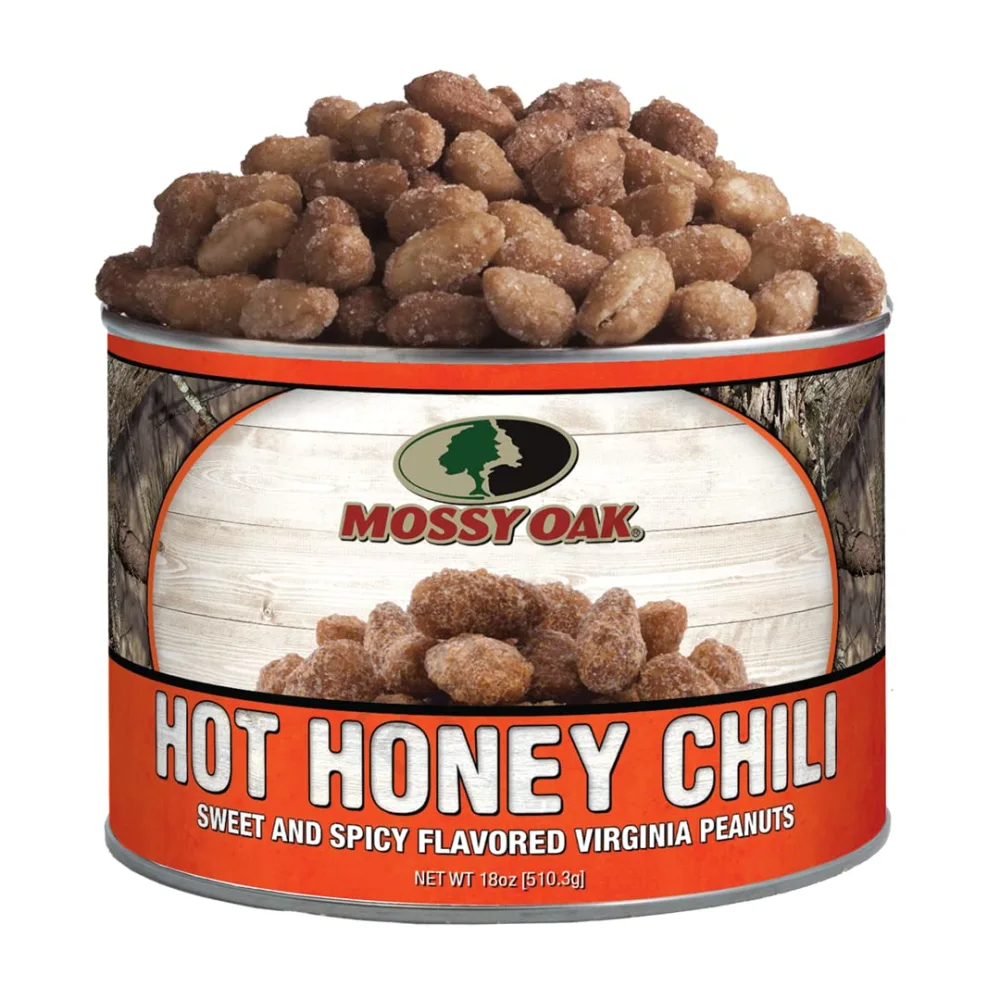 MOSSY OAK Peanuts by FERIDIES - Hot Honey Chili Seasoned Virginia Peanuts, 18 Ounce Camouflage Snack Tin of Gourmet Extra Large Honey Roasted Virginia Peanuts with Hot Chili Seasoning