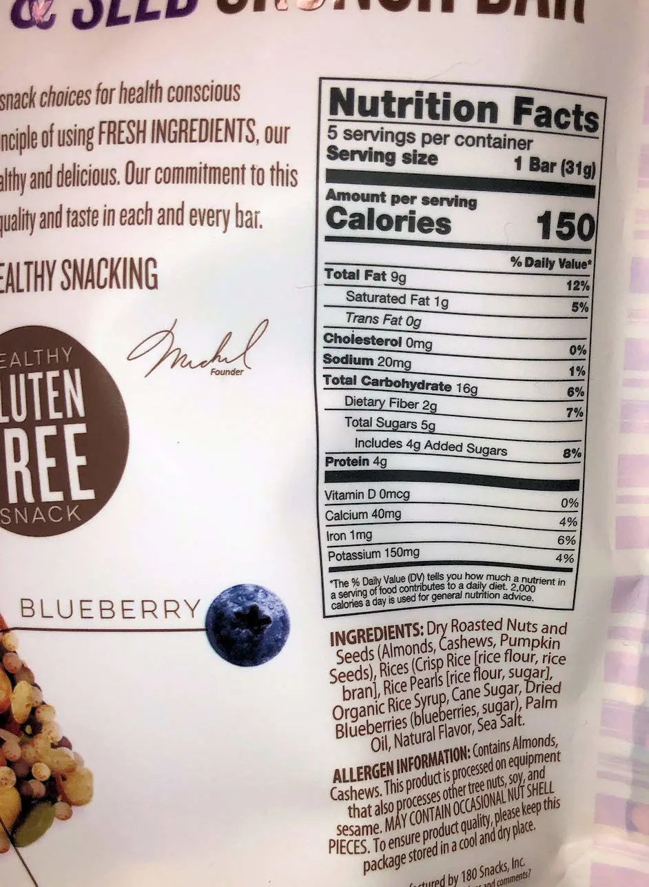 180 Snacks Fruit Nut & Seed Crunch Bar 1 Pack, 5 Snack Bars (Blueberry)