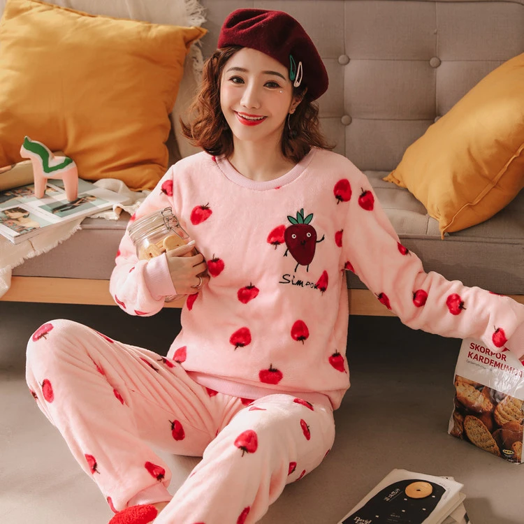 Winter Coral Fleece Pajamas Women's Long Sleeves Keep Warm In Autumn