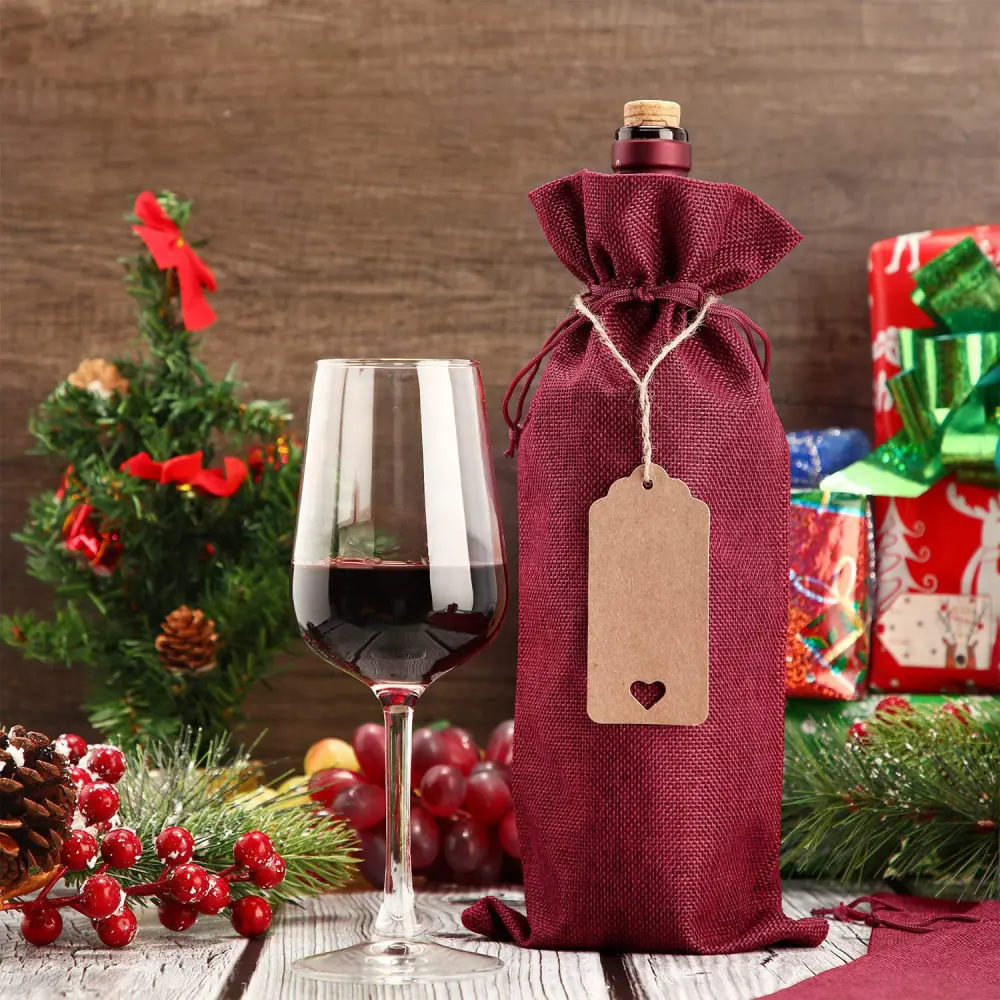 Double Draw Drawstring Wine Bag With String And Label Set