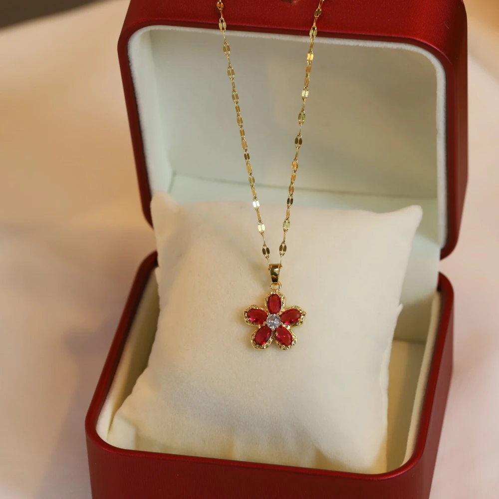 Red Flower Pendant Real Gold Electroplated Necklace