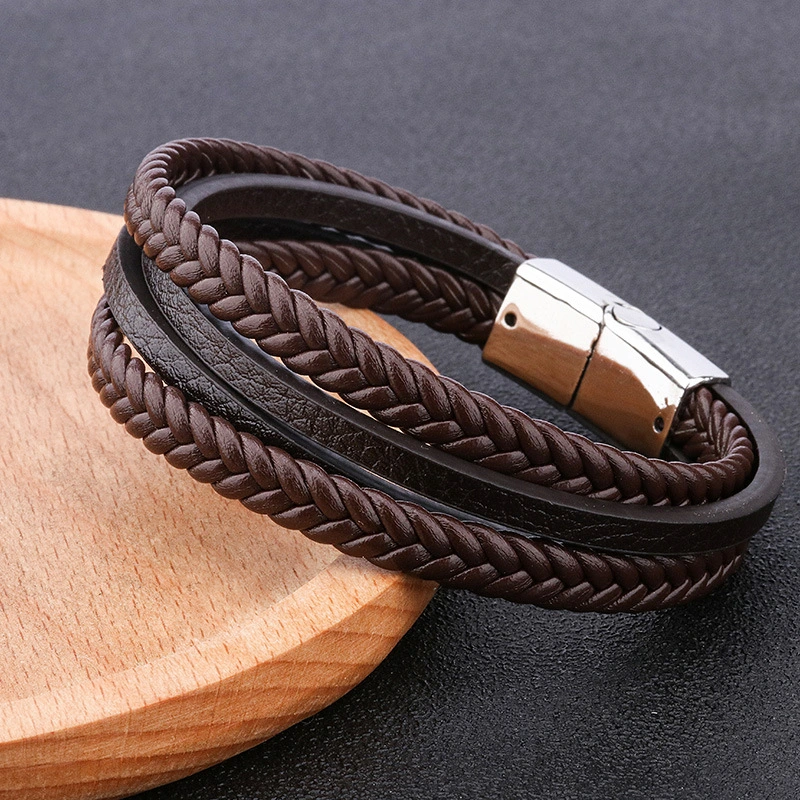 Men's Fashion Hand Braided Leather Cord Alloy Magnetic Clasp Bracelet