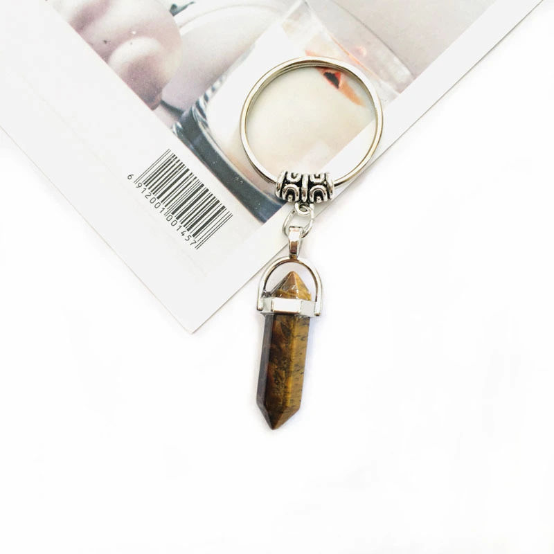Natural Stone Hexagonal Column Alloy Keychain