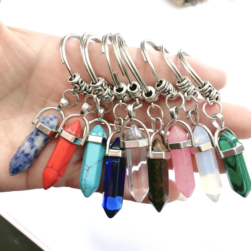 Natural Stone Hexagonal Column Alloy Keychain