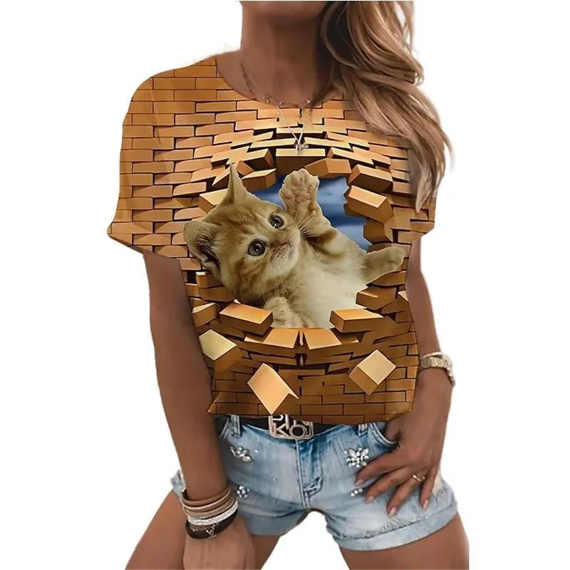 Animal Series 3D Digital Printed T-shirt Brick Cat Fashion Men And Women Couple Round Neck Short Sleeved T-shirt