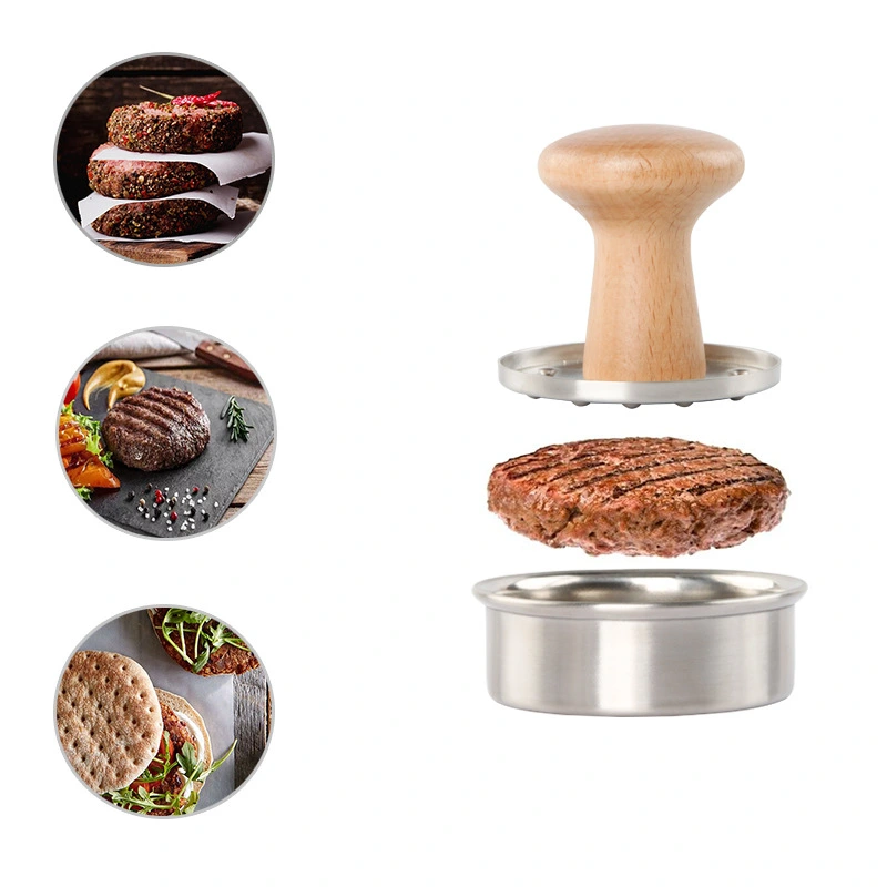 Burger Press Mould Stainless Steel 304 Meat Press, Beech Wood Handle Stainless Steel Meat Press