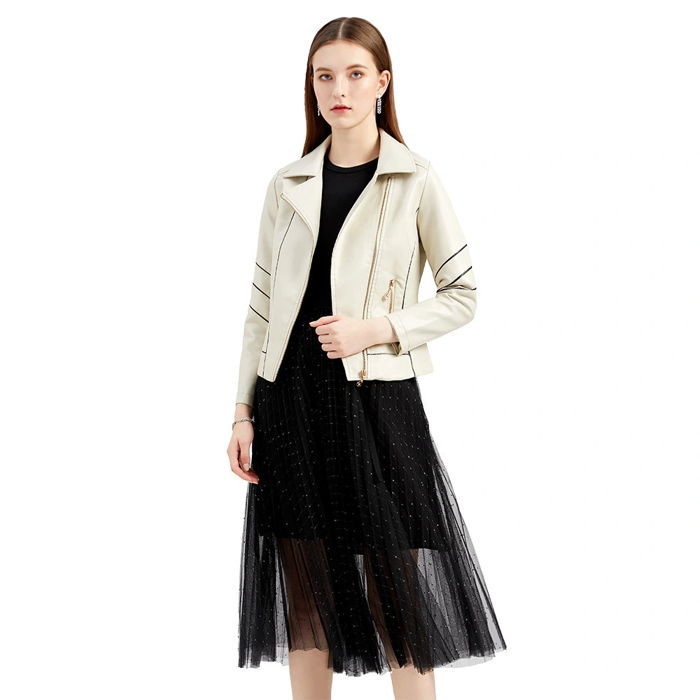 Vintage Moto PU Leather Zip Up Spring Autumn Jacket For Women'S Oversize Motorcycle Streetwear Outerwear Clothing Black Beige