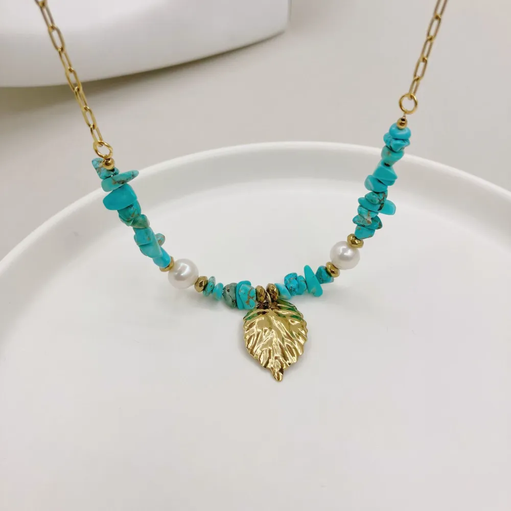 Gold Blue Natural Stone Leaf Pendant Freshwater Pearl Necklace