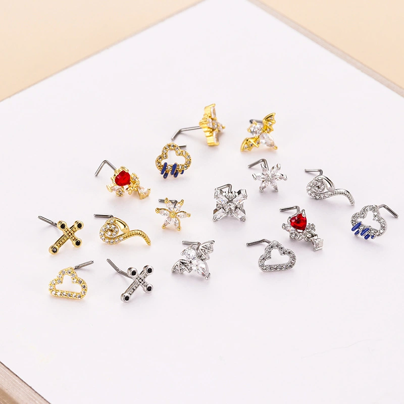 Flower Cross Cloud Snake Bat Shaped Zircon Stainless Steel L Rod Nose Stud