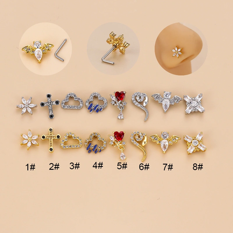 Flower Cross Cloud Snake Bat Shaped Zircon Stainless Steel L Rod Nose Stud