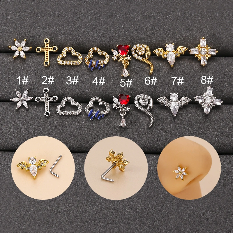 Flower Cross Cloud Snake Bat Shaped Zircon Stainless Steel L Rod Nose Stud