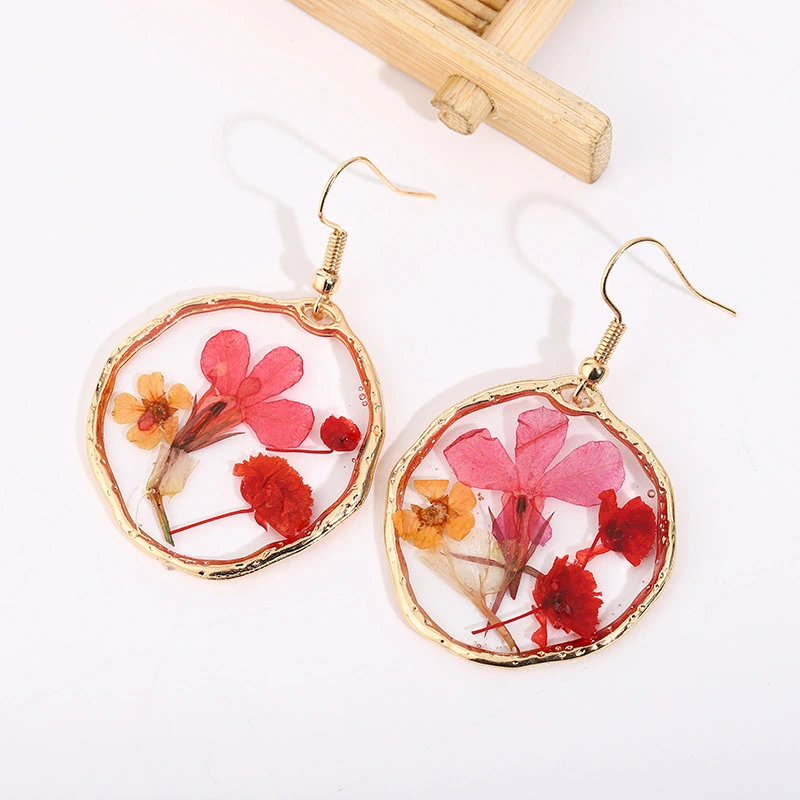 Gold Flower Earrings Dried Glue Flower