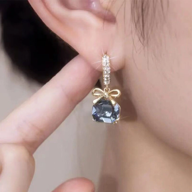 Women's Fashion Blue Crystal Bow Earrings