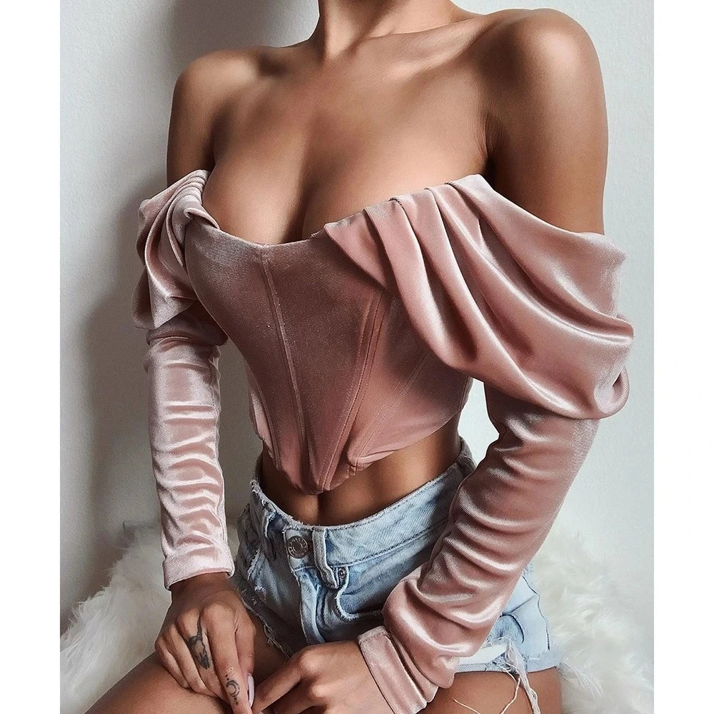 Explosive Fall And Winter Velvet Off-Shoulder Collar Pleated Long-Sleeved Top T-Shirt Women