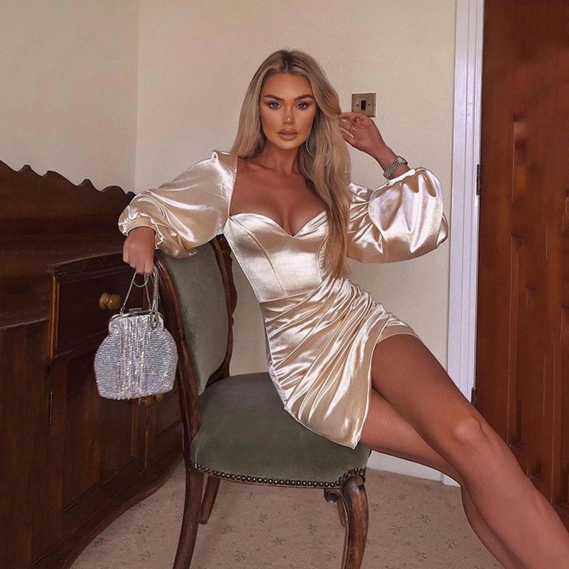 Spring And Autumn New Ladies Sexy Wrap Chest Open Back Long Sleeve High Elastic Satin Skirt Dress