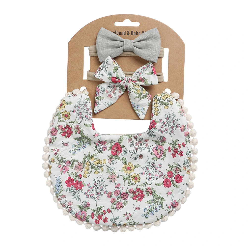 European And American Cotton Cute Floral Baby Anti-Spitting Milk Saliva Towel Newborn Printing Bib  Headband Set