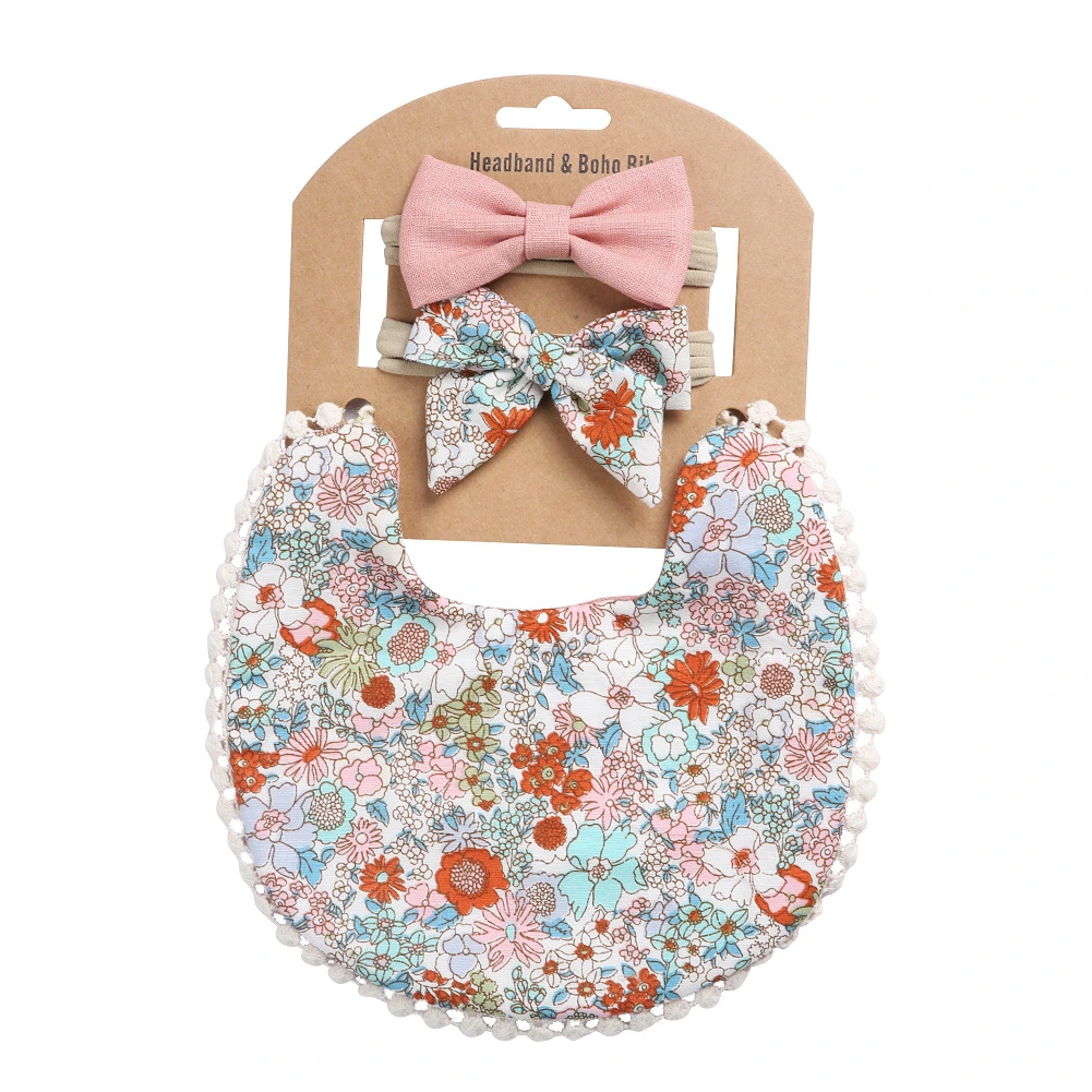 European And American Cotton Cute Floral Baby Anti-Spitting Milk Saliva Towel Newborn Printing Bib  Headband Set