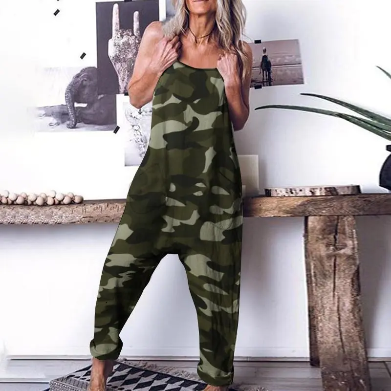  Summer Sleeveless Casual Loose Camouflage Printed Jumpsuit Harem Pants