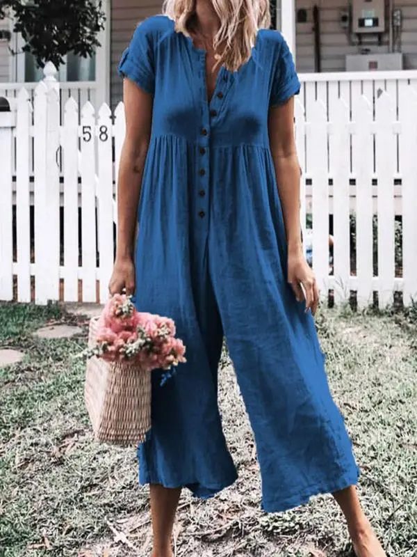 Cotton And Linen Buttons Solid Color Sleeveless Jumpsuit