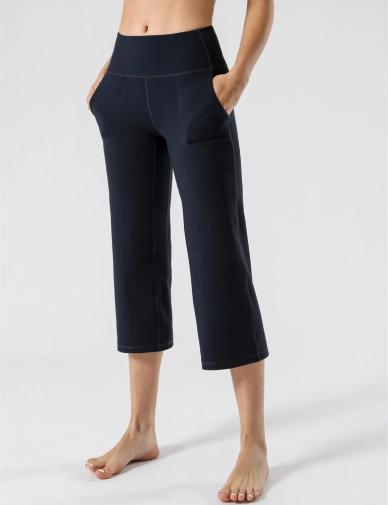 Women's High-waist Yoga Wide-leg Pants Pocket Dance Fitness Wide-leg Cropped Straight-leg Pants