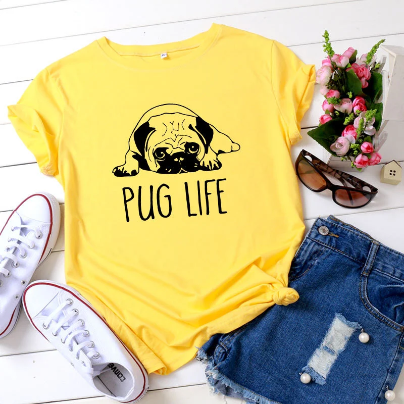 Top European And American Style Casual Women's Wear PUG LIFE Short-sleeved T-shirt Pure Cotton