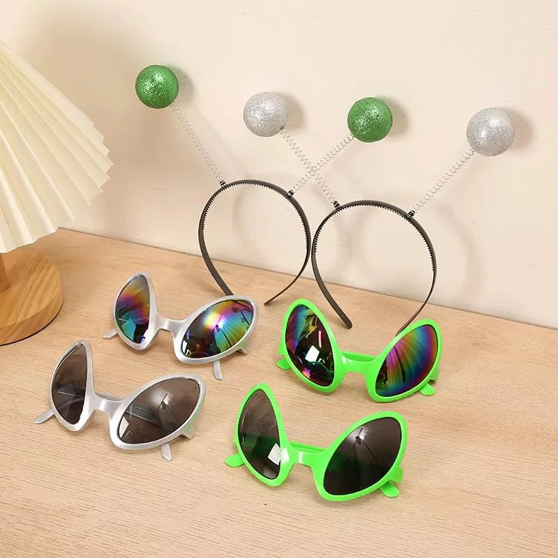 Alien Hair Hoop Silver Green Funny Glasses