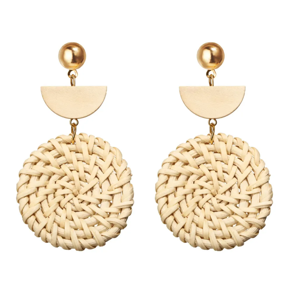 Woven Round Wooden Earrings Wish Straw Woven Beige Earrings