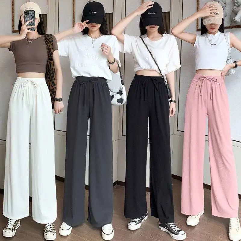 Summer New Style Ice Silk Wide-Leg Pants Women's High-Waist Thin Casual Straight-Leg Trousers