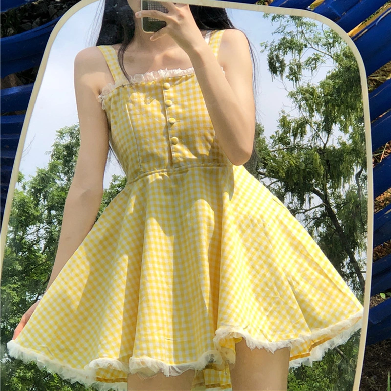 Yellow Plaid Sling Skirt Holiday Lace Mesh Yarn Edge