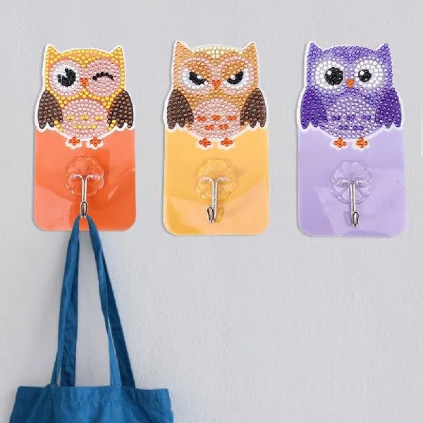 6pcs Diamond Drawing Self-adhesive Wall Hooks Kit Owl Bird