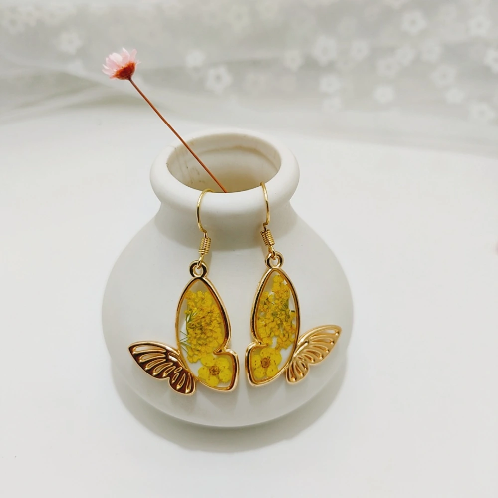 Fashion Dry Flower Drop Glue Butterfly Earrings