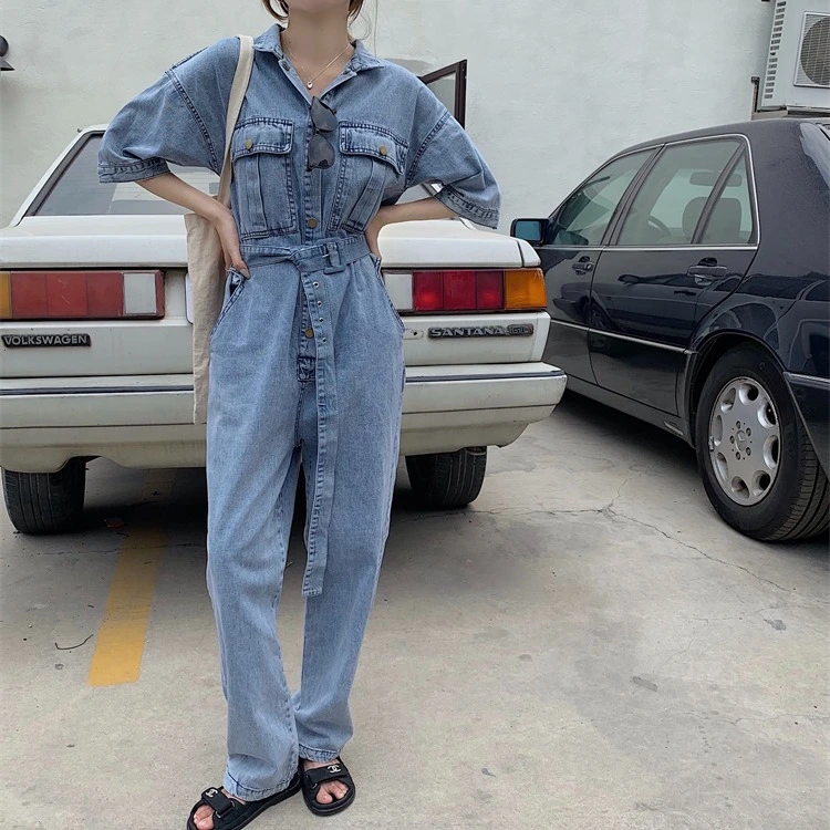 Real Shot Denim Jumpsuit Female Port Style Retro High Waist Wide Leg Pants Thin Overalls