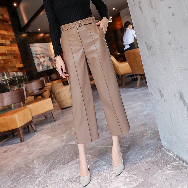 New Spring Women's PU Leather Pants With Belt High Waist Artificial