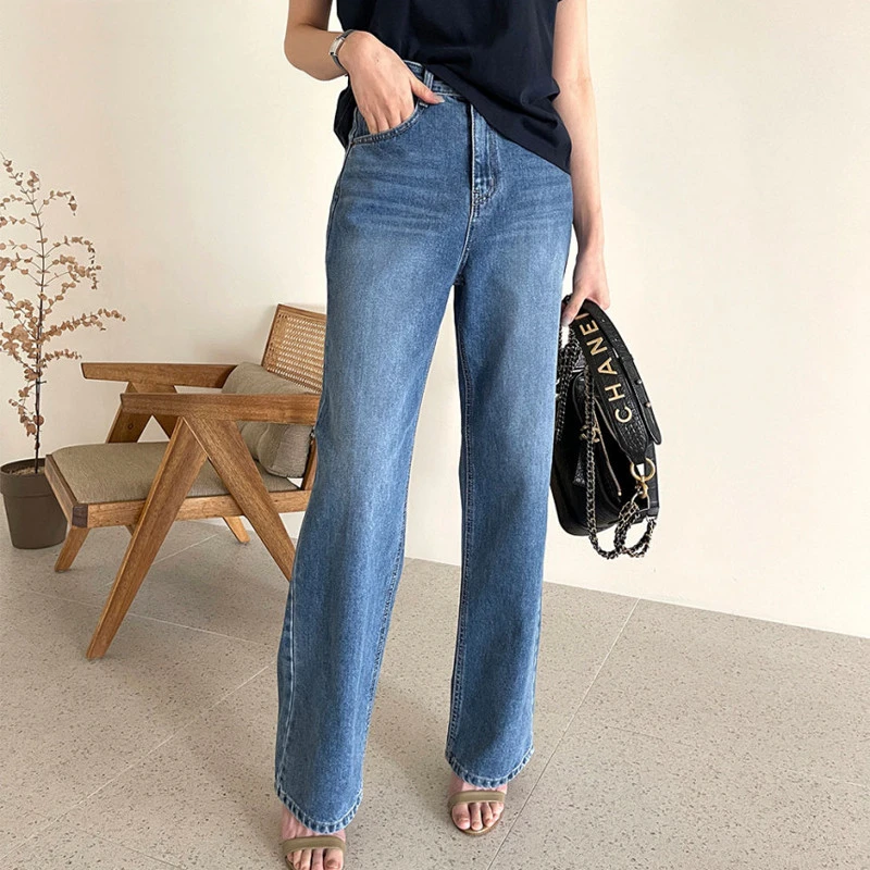 Korean Style Commuter All-match Rolled-up Casual Jeans High Waist Slim Straight Leg Pants Women