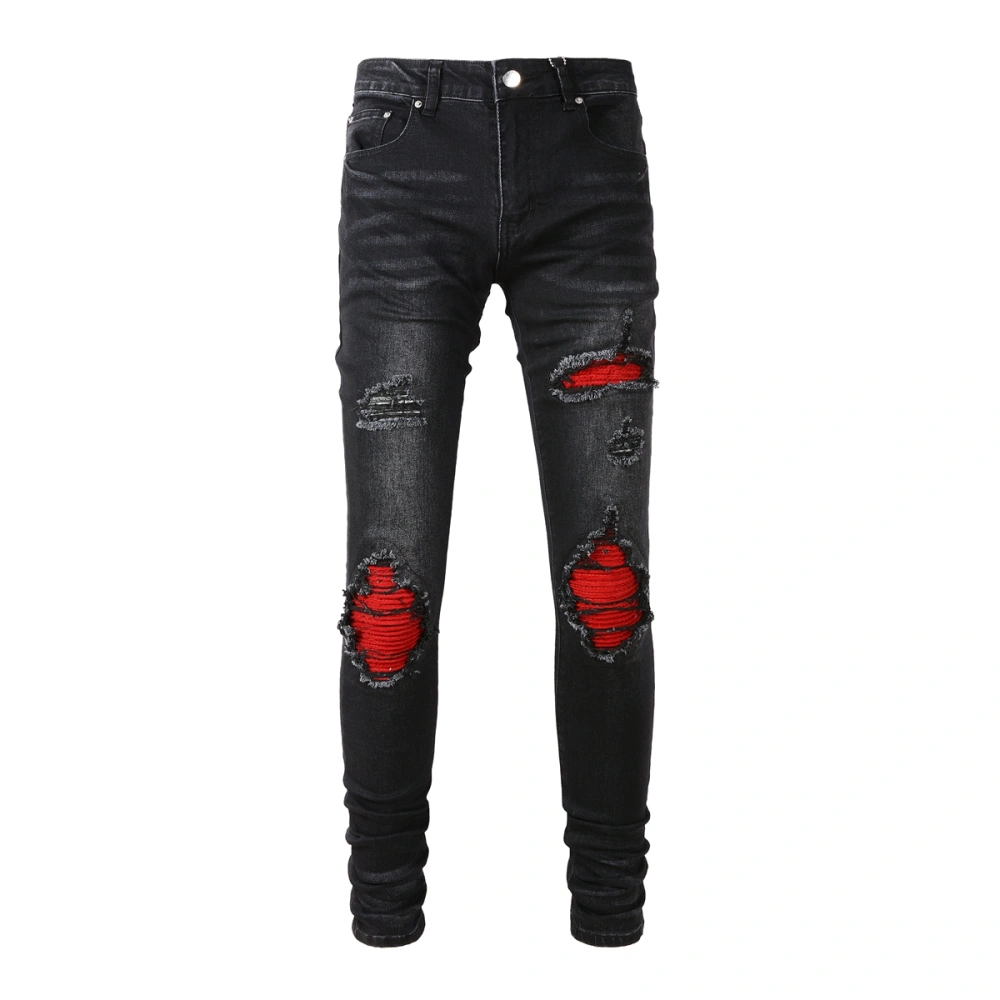 Men's Fashion Personality Red Patch Stretch Slim Pants