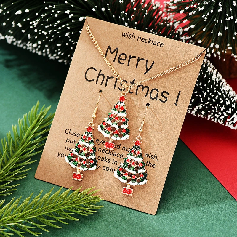 Oil Dripping Colorful Christmas Tree Christmas Gift Earring Necklace Set