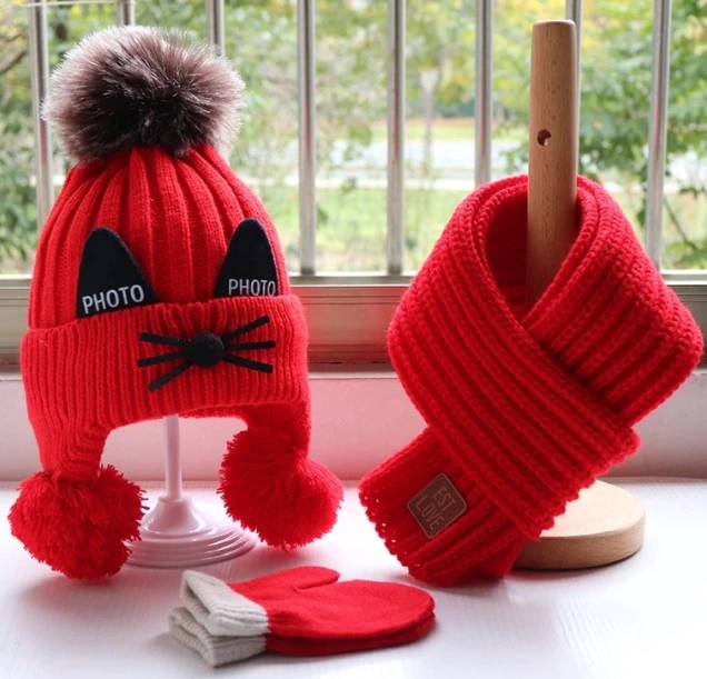 Hat Scarf Set Children Thicken Knitted Wool Hat Bib Gloves Cute Cat