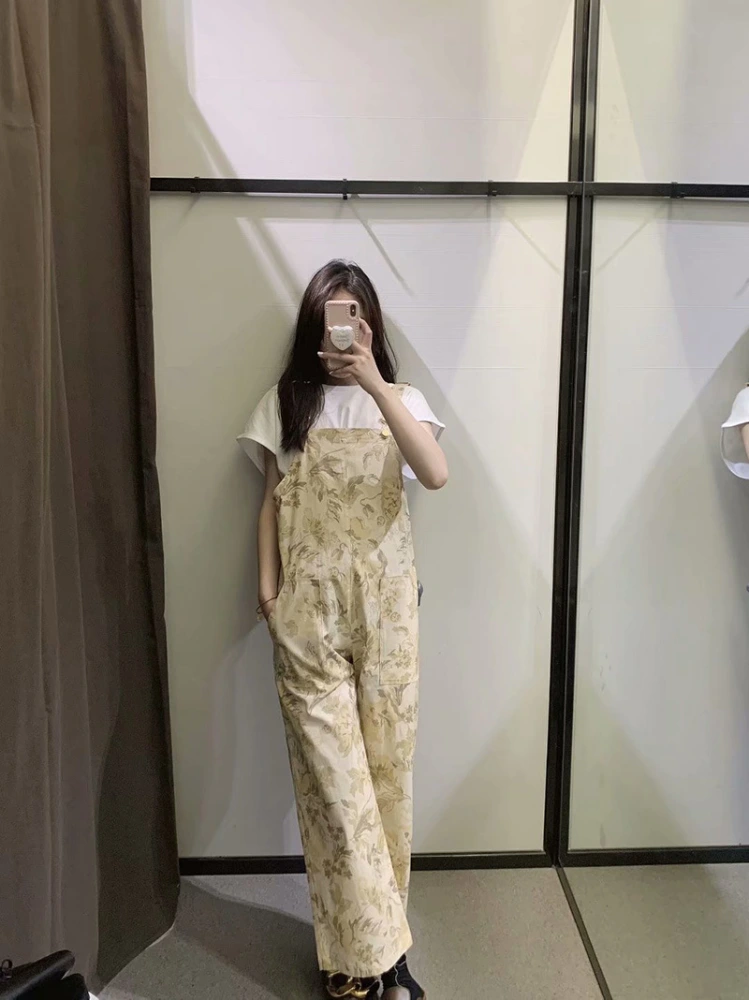 Women's Floral Print Long Double Pocket Loose Fashion Casual Overalls