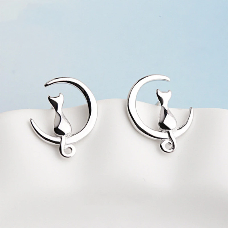 Moon Cat Sterling Silver Earrings Female