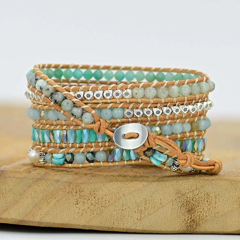 Popular Accessories Cut Corner Tianhe Stone Cowhide Woven Crystal Bead Winding Bracelet